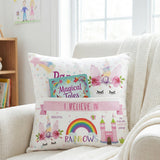 Personalised unicorn pocket book cushion with pastel unicorn design and built-in book pocket