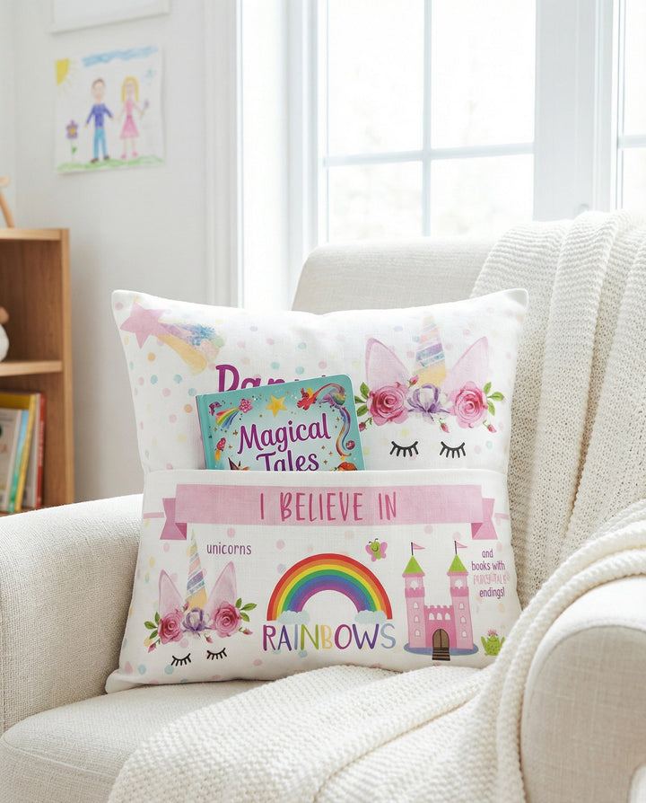 Personalised unicorn pocket book cushion with pastel unicorn design and built-in book pocket