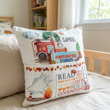 Personalised fire truck pocket book cushion with name and built-in book pocket