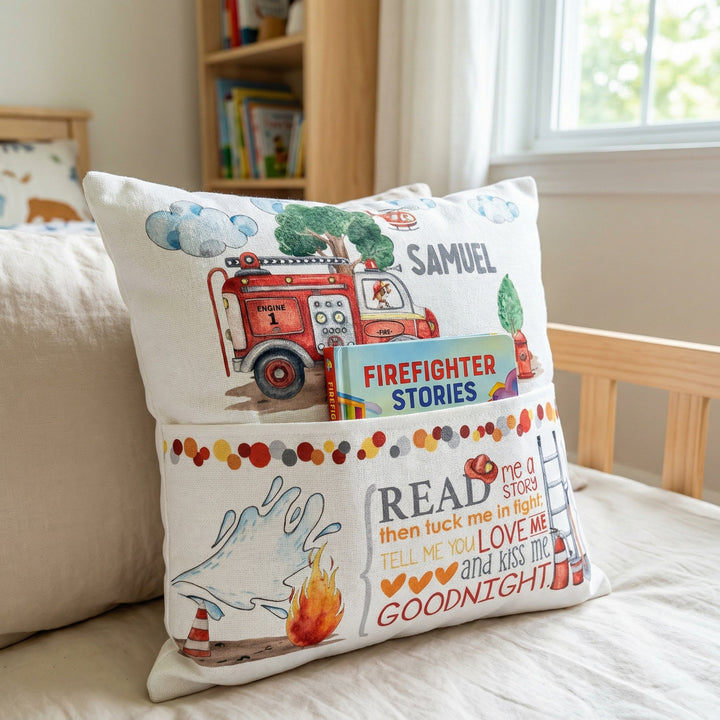 Personalised fire truck pocket book cushion with name and built-in book pocket