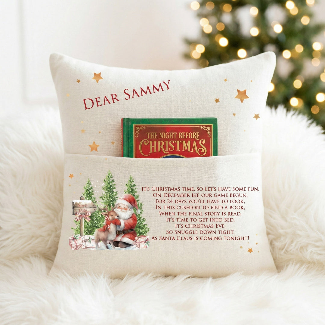 Personalised 24 Days of Christmas Story Cushion with Santa and reindeer design and front pocket for Christmas book