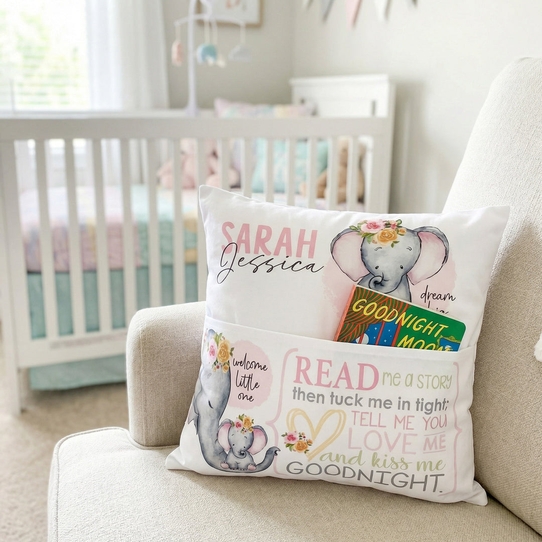 Personalised pink baby elephant pocket book cushion with name and built-in book pocket