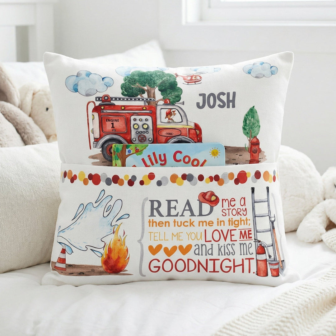 Personalised fire truck pocket book cushion with child’s name and built-in book pocket