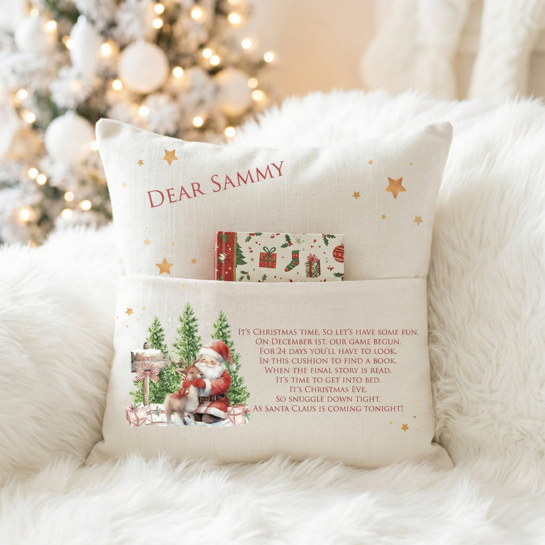 Personalised 24 Days of Christmas Story Cushion with Santa and reindeer design and front pocket for children’s book