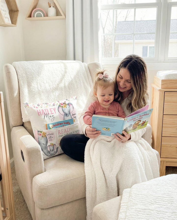 Personalised pink baby elephant pocket book cushion with built-in pocket for children's books and name customization