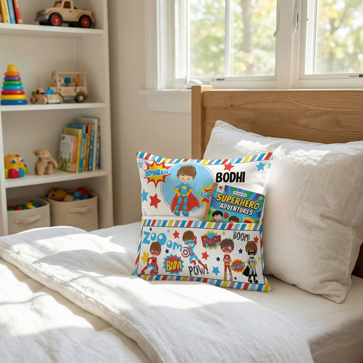 Personalised superhero pocket book cushion with child&