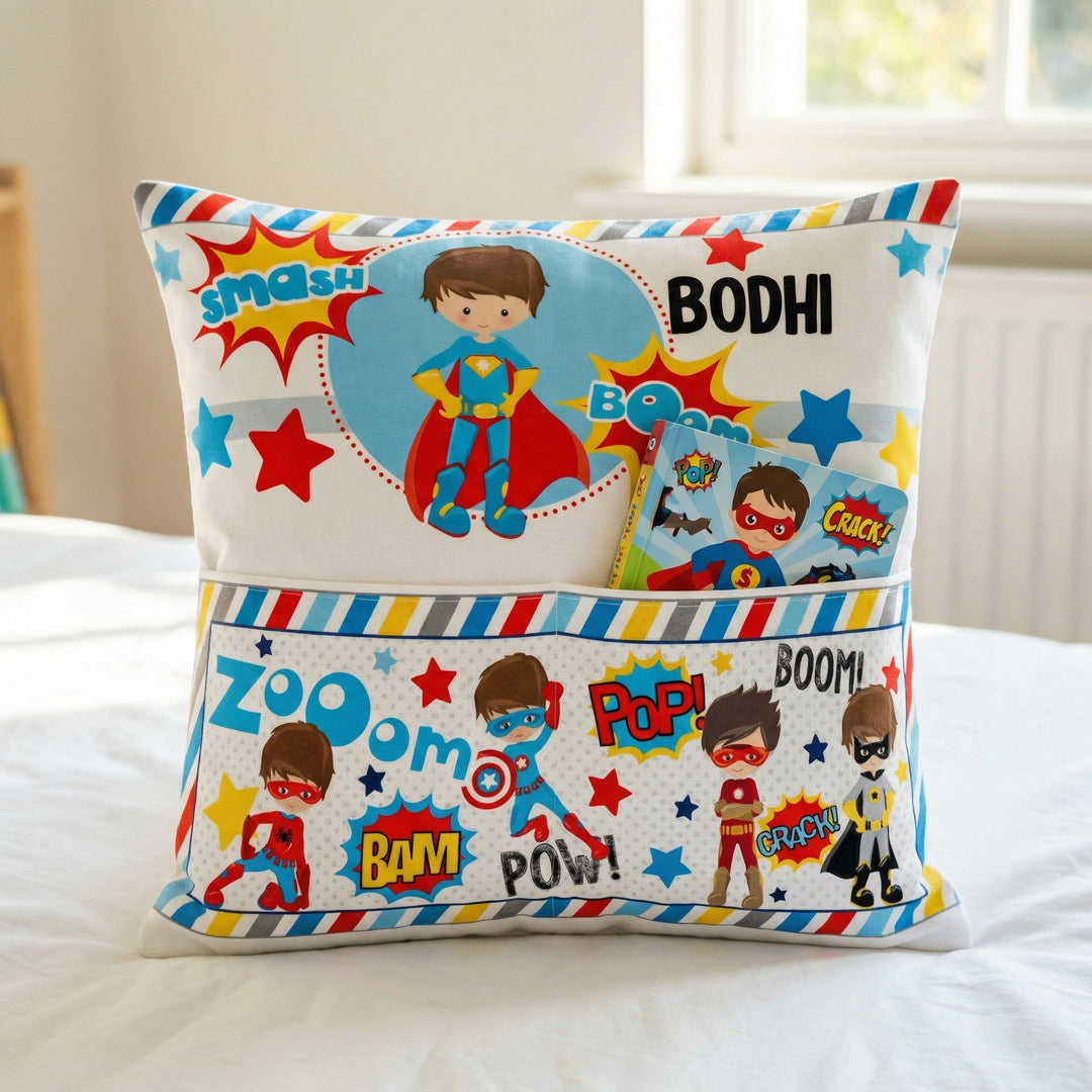 Personalised Superhero Pocket Book Cushion with built-in pocket and custom name for kids