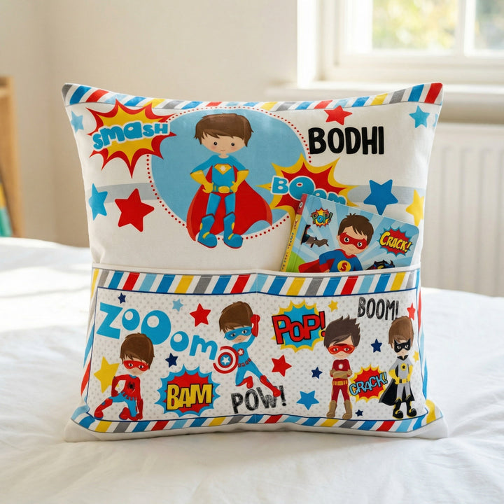 Personalised Superhero Pocket Book Cushion with built-in pocket and custom name for kids