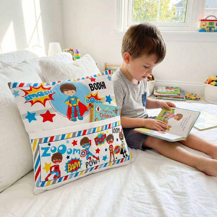 Personalised Superhero Pocket Book Cushion with built-in pocket for kids&