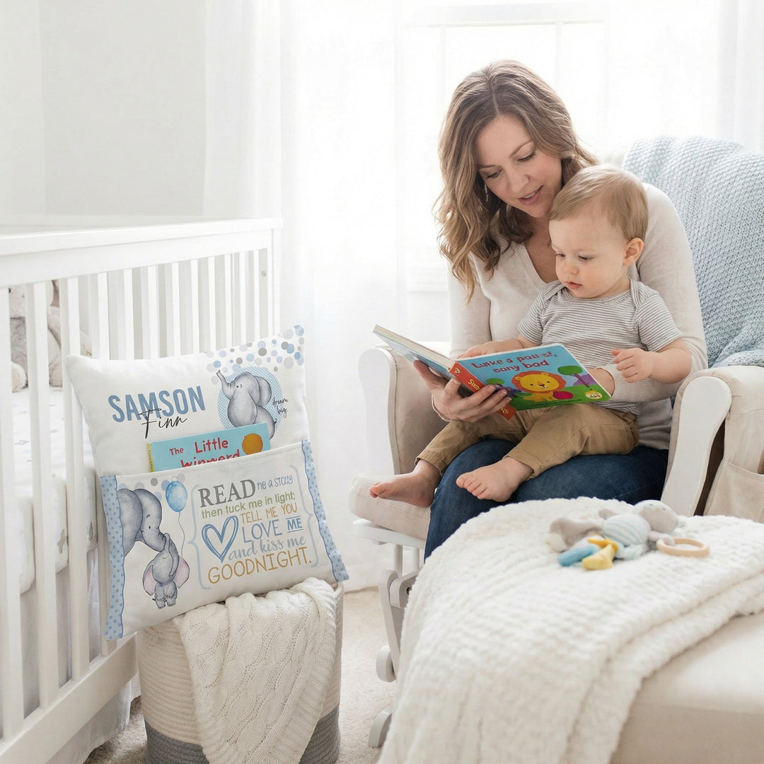 Personalised baby elephant blue pocket book cushion with built-in pocket and child's name