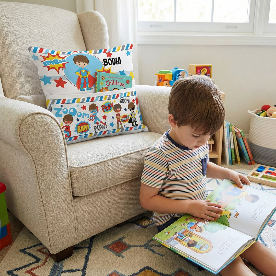 Personalised Superhero Pocket Book Cushion with built-in pocket and superhero design for kids.