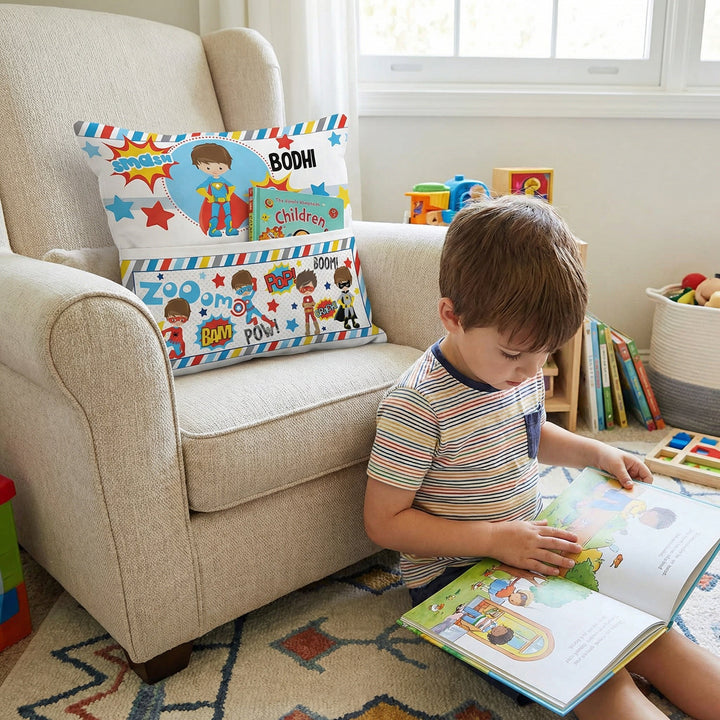 Personalised Superhero Pocket Book Cushion with built-in pocket and superhero design for kids.