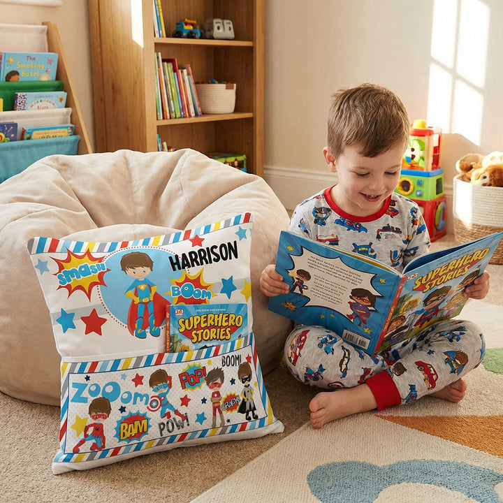 Personalised Superhero Pocket Book Cushion with name and built-in pocket for kids&