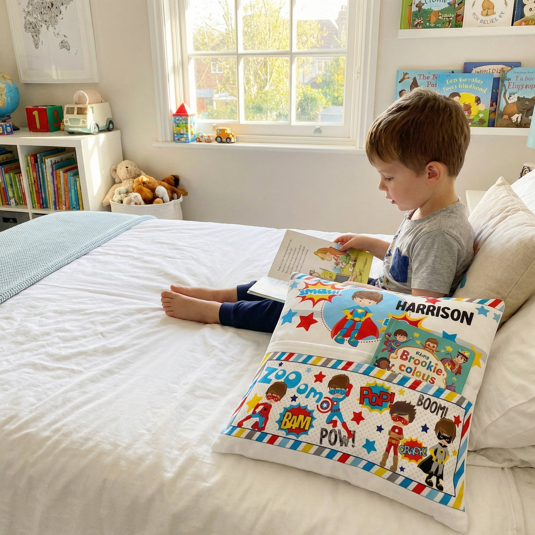 Personalised superhero pocket book cushion with comic-style hero design and built-in book pocket for kids