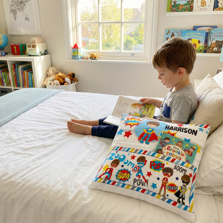 Personalised superhero pocket book cushion with comic-style hero design and built-in book pocket for kids