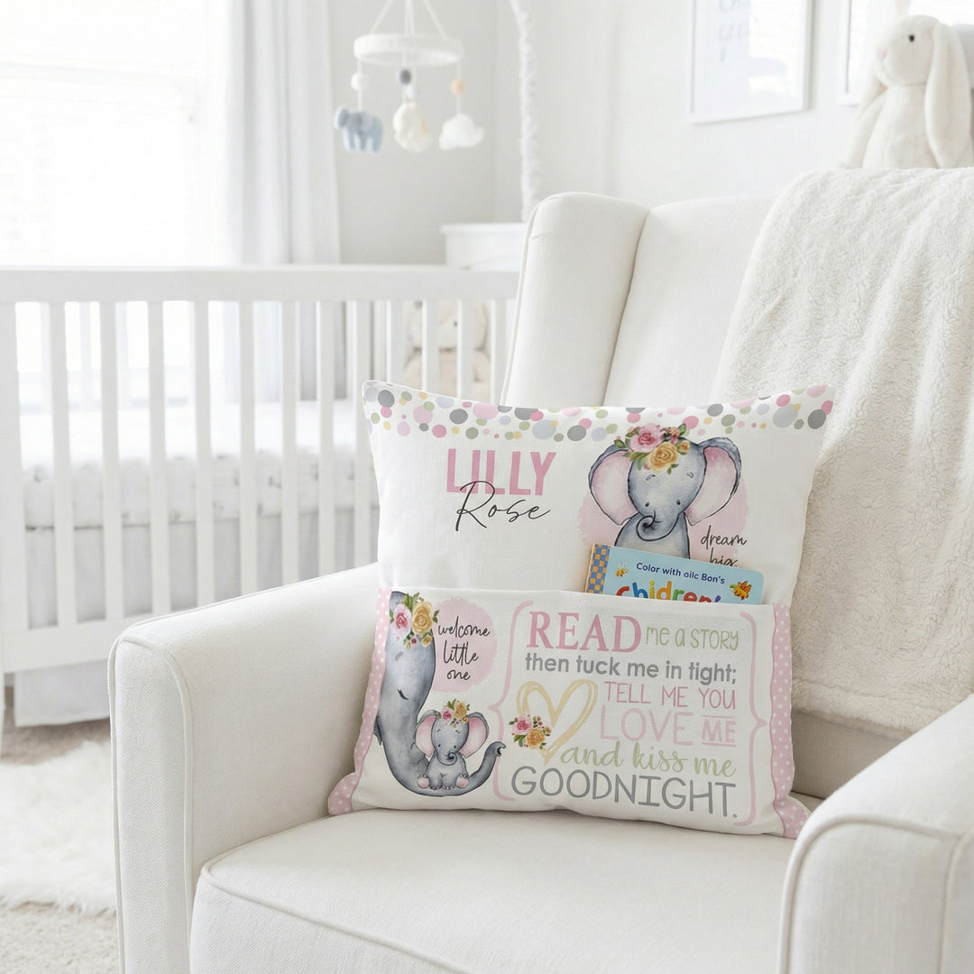 Personalised pink baby elephant pocket book cushion with built-in book pocket and child’s name