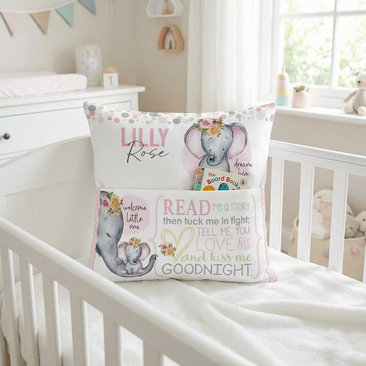 Personalised pink baby elephant pocket book cushion with built-in book pocket and child's name