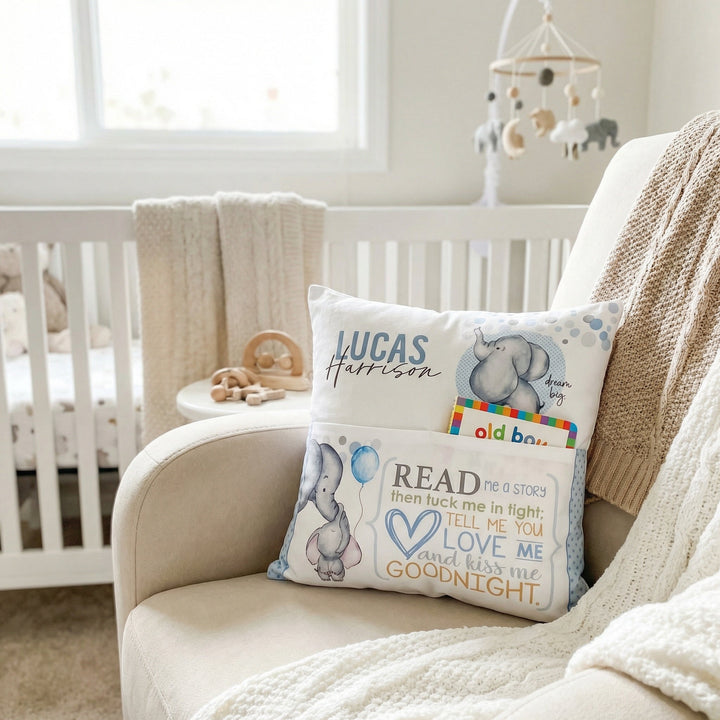 Personalised blue baby elephant pocket book cushion with name and built-in book pocket
