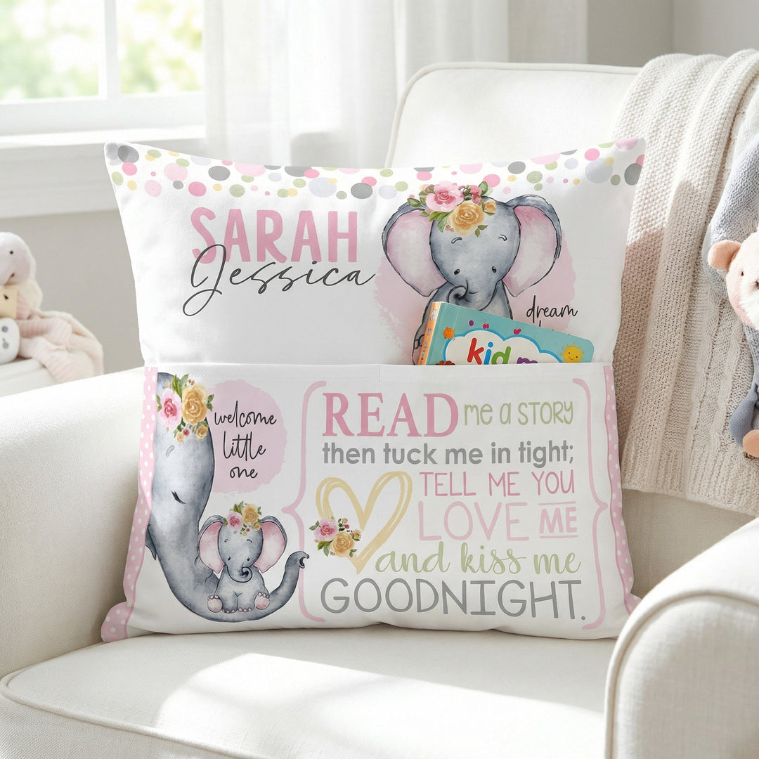 Personalised pink baby elephant pocket book cushion with name and built-in book pocket