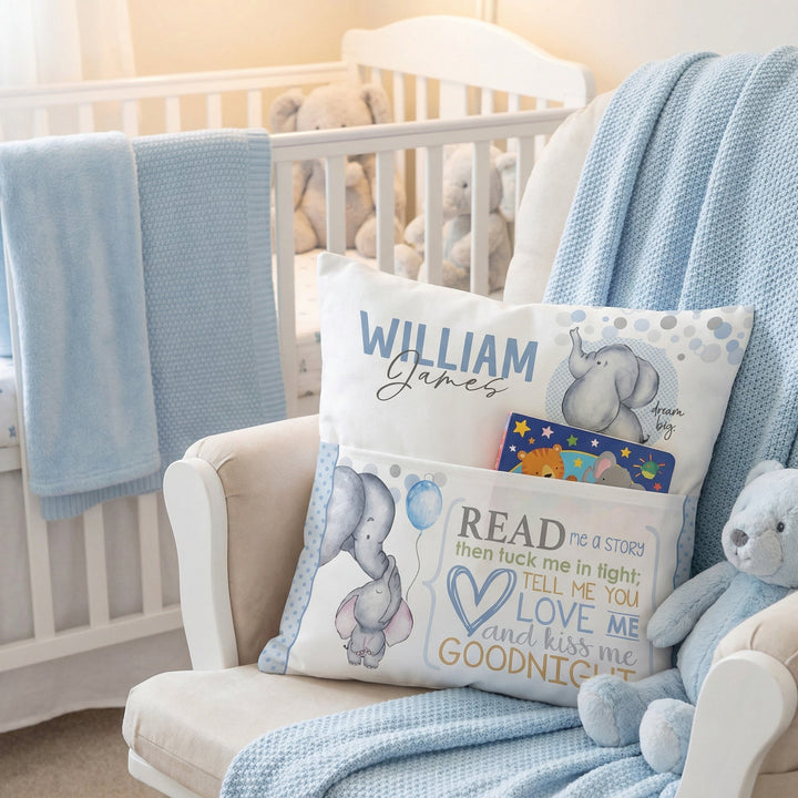 Personalised blue baby elephant pocket book cushion with name and built-in book pocket