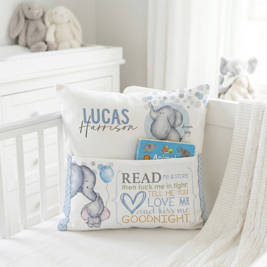 Personalised baby elephant blue cushion with book pocket and child's name