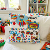 Personalised Superhero Pocket Book Cushion with built-in book pocket and child’s name on superhero design
