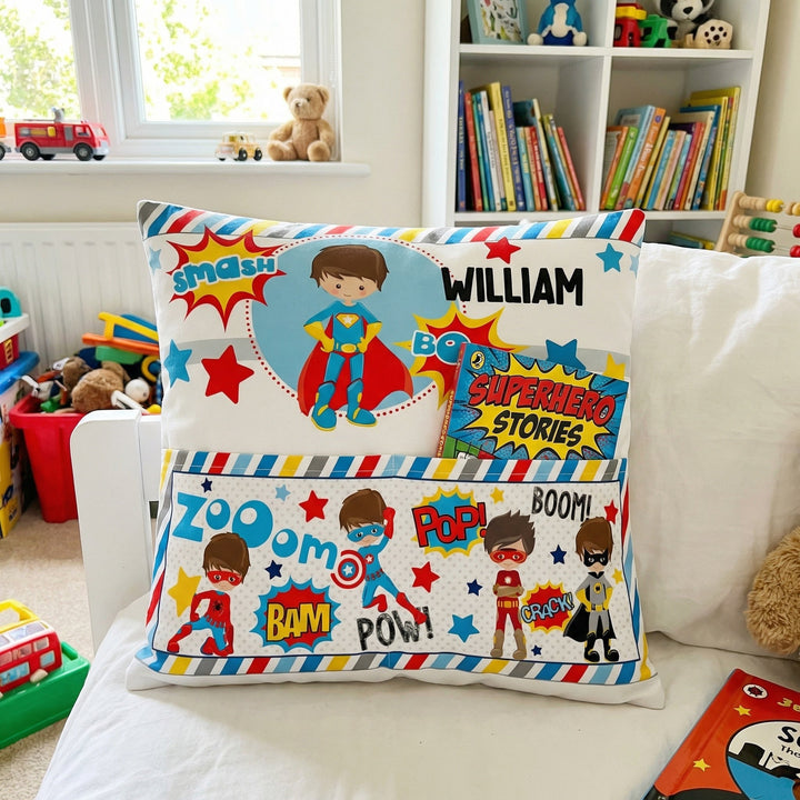 Personalised Superhero Pocket Book Cushion with built-in book pocket and child’s name on superhero design