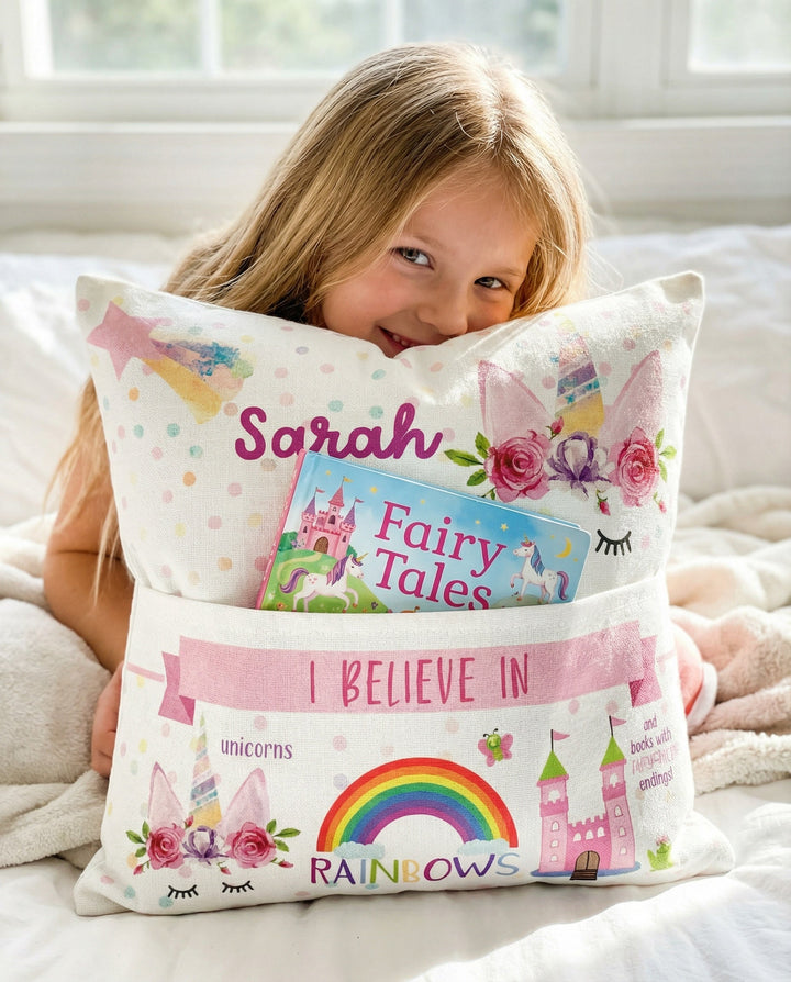 Personalised Unicorn Pocket Book Cushion with name, pastel unicorn design, and built-in book pocket for children