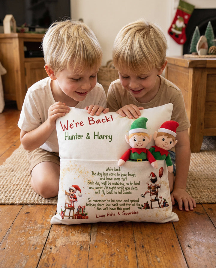 Customised "We’re Back" Christmas pillow with front elf pocket and child&