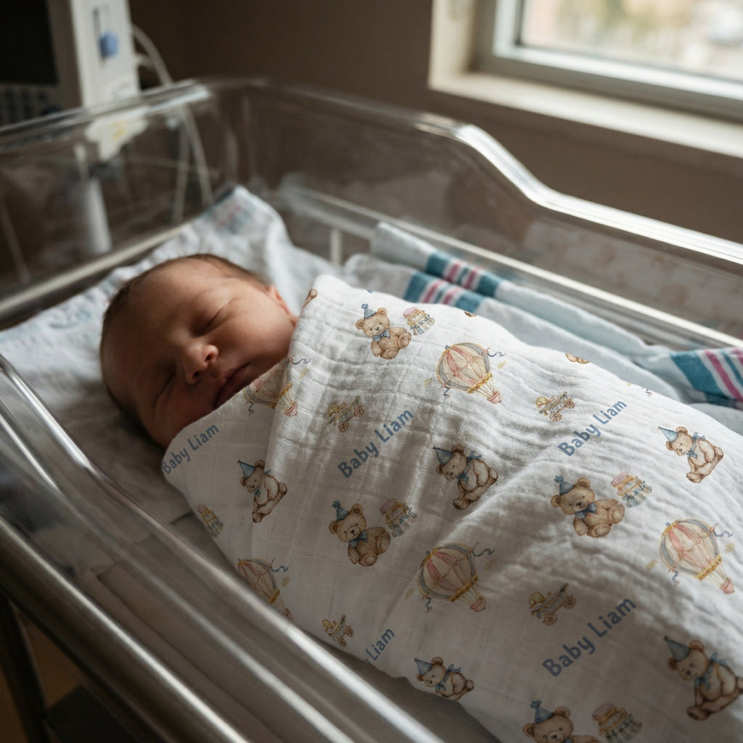 Personalised muslin swaddle wrap with baby name, soft breathable fabric, 120x120cm size for newborn comfort and gift