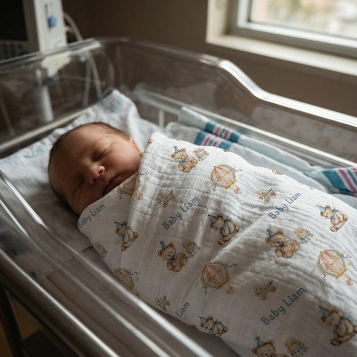 Personalised muslin swaddle wrap with baby name, soft breathable fabric, 120x120cm size for newborn comfort and gift