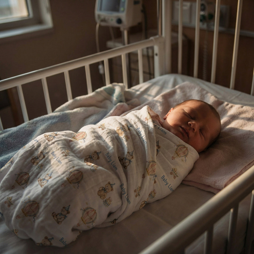 Personalised muslin swaddle wrap with baby name, soft breathable fabric, 120x120cm size for newborns.