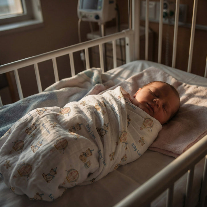 Personalised muslin swaddle wrap with baby name, soft breathable fabric, 120x120cm size for newborns.