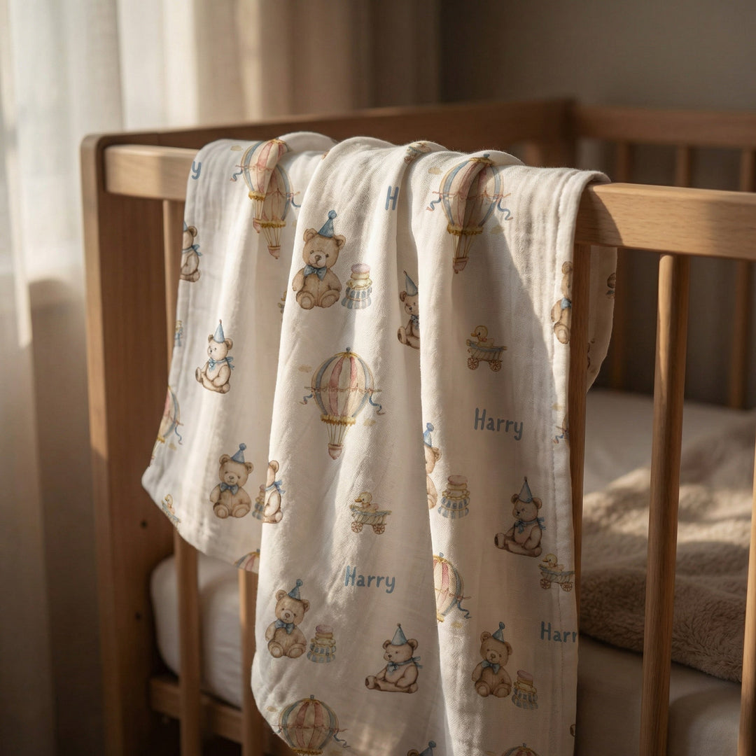 Personalised muslin swaddle wrap with baby name, lightweight breathable fabric, 120x120cm size for newborns and babies