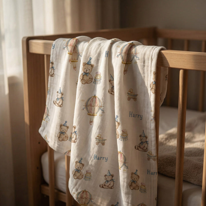 Personalised muslin swaddle wrap with baby name, lightweight breathable fabric, 120x120cm size for newborns and babies