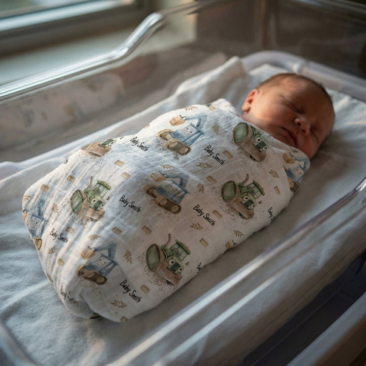 Personalised muslin swaddle wrap with baby name, soft breathable fabric, 120x120cm size, perfect for newborns.