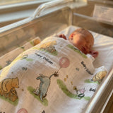 Personalised muslin swaddle wrap with baby's name, soft breathable fabric, 120x120cm size for newborns.