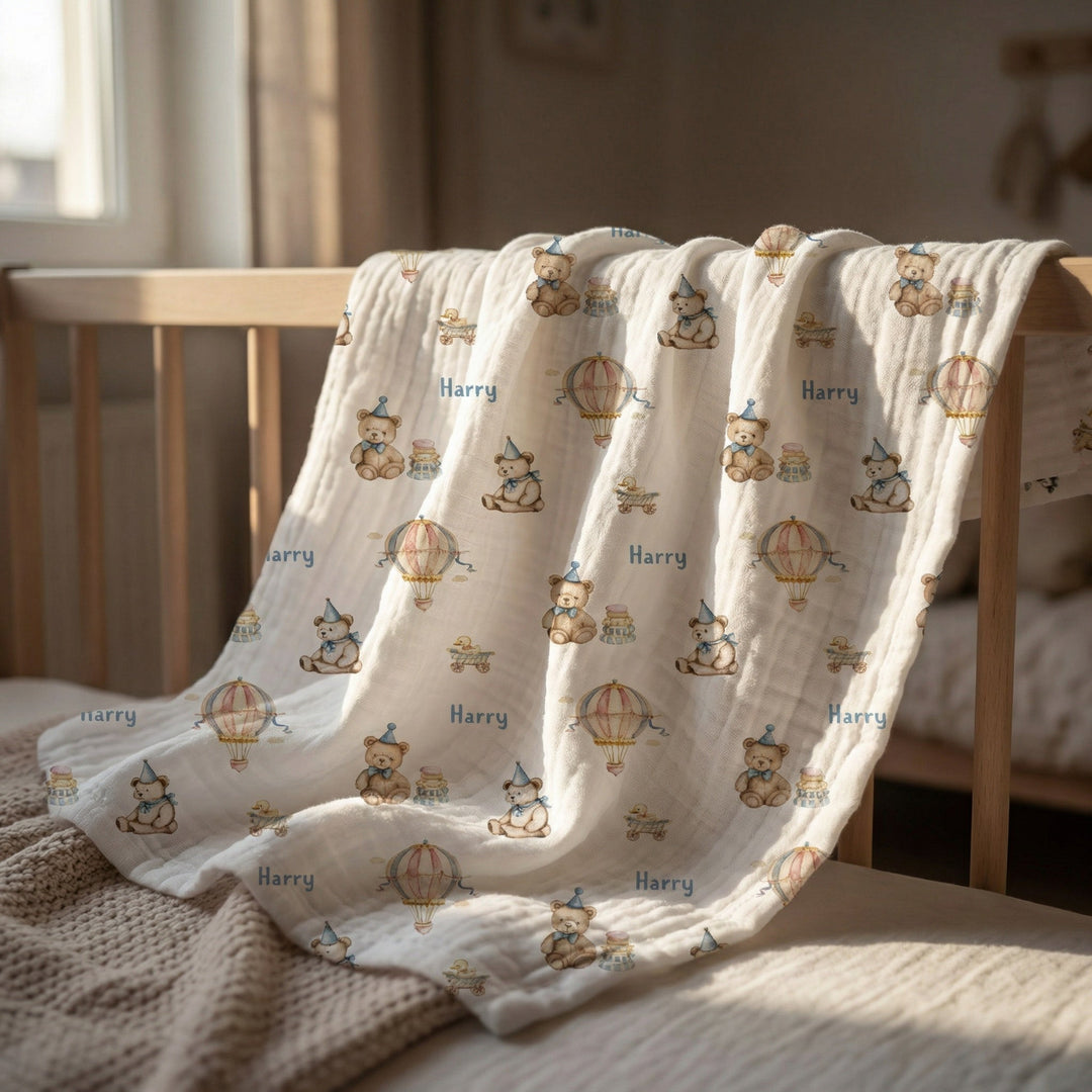 Personalised muslin swaddle wrap with baby name, soft breathable fabric, 120x120cm size for newborns and babies