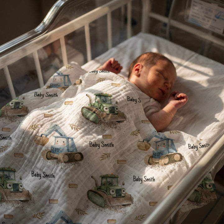 Personalised muslin swaddle wrap with baby name, soft breathable fabric, 120x120cm size, perfect for newborn comfort and gifts