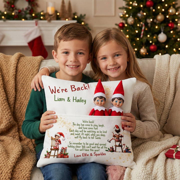 Personalised "We’re Back" Christmas pillow with front elf pocket and rustic linen design