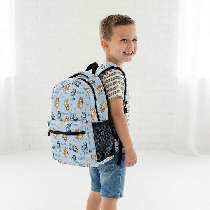Colourful personalised kids backpack with name, spacious compartments, side pockets, and anti-slip buckle for school and outings.