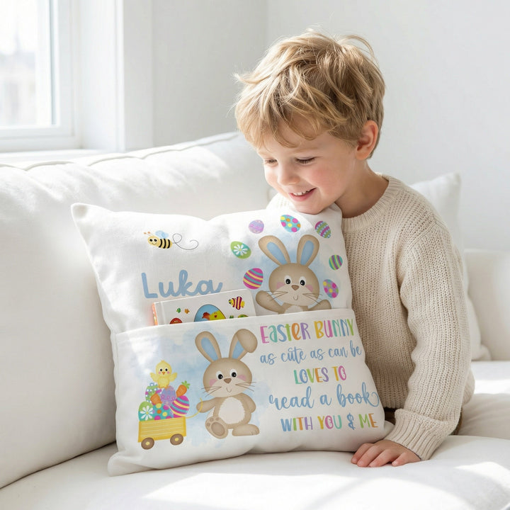 Personalised Easter Pocket Book Cushion in blue with Easter bunny and name, 16-inch soft fabric pouch for kids&