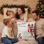 Personalised "We’re Back" Christmas Pillow with elf pocket and rustic linen fabric design