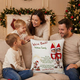 Personalised "We’re Back" Christmas Pillow with elf pocket and rustic linen fabric design