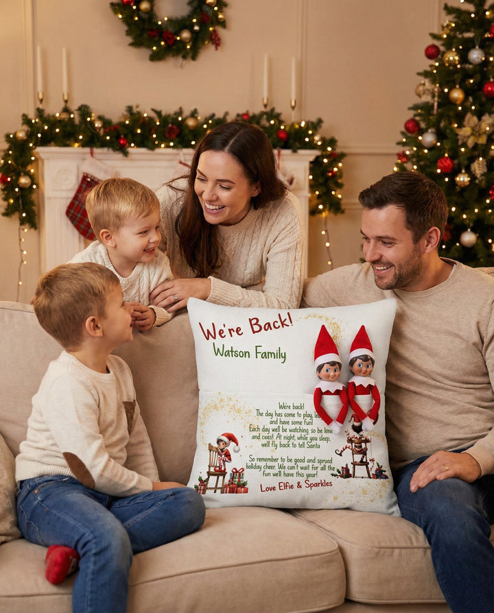 Personalised "We’re Back" Christmas Pillow with elf pocket and rustic linen fabric design