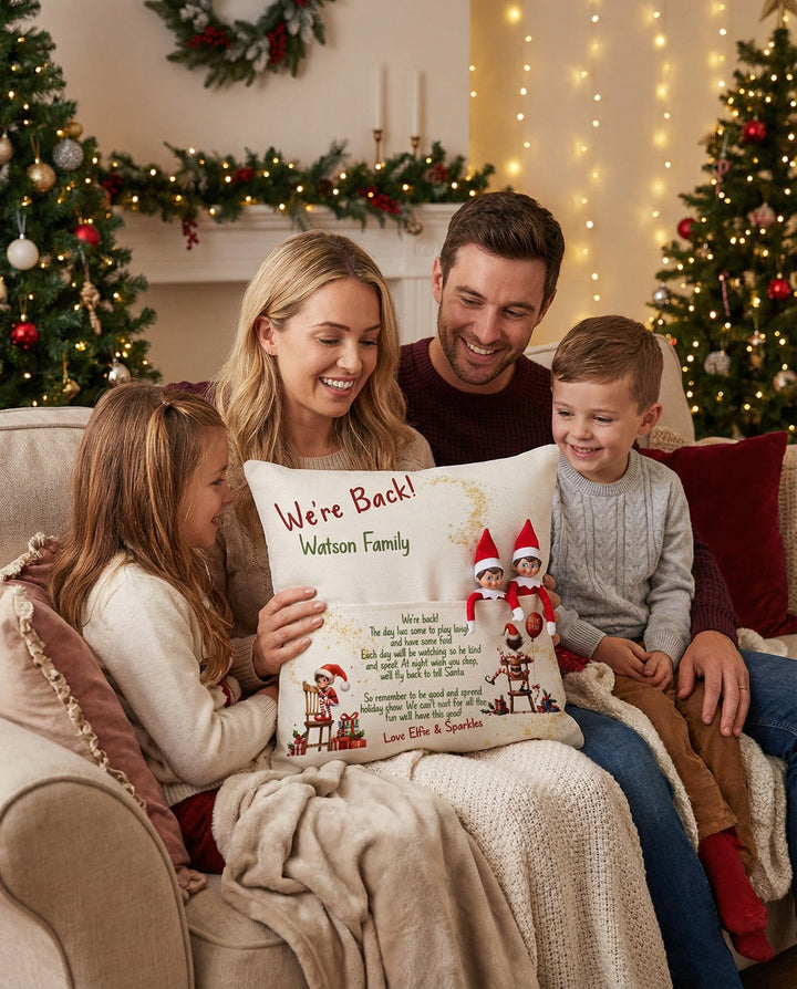 Personalised We’re Back Christmas pillow with front elf pocket and rustic linen-style fabric