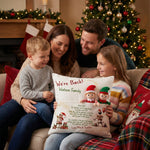 Personalised “We’re Back” Christmas Pillow with front elf pocket and rustic linen-style fabric