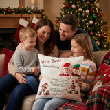 Personalised “We’re Back” Christmas Pillow with front elf pocket and rustic linen-style fabric