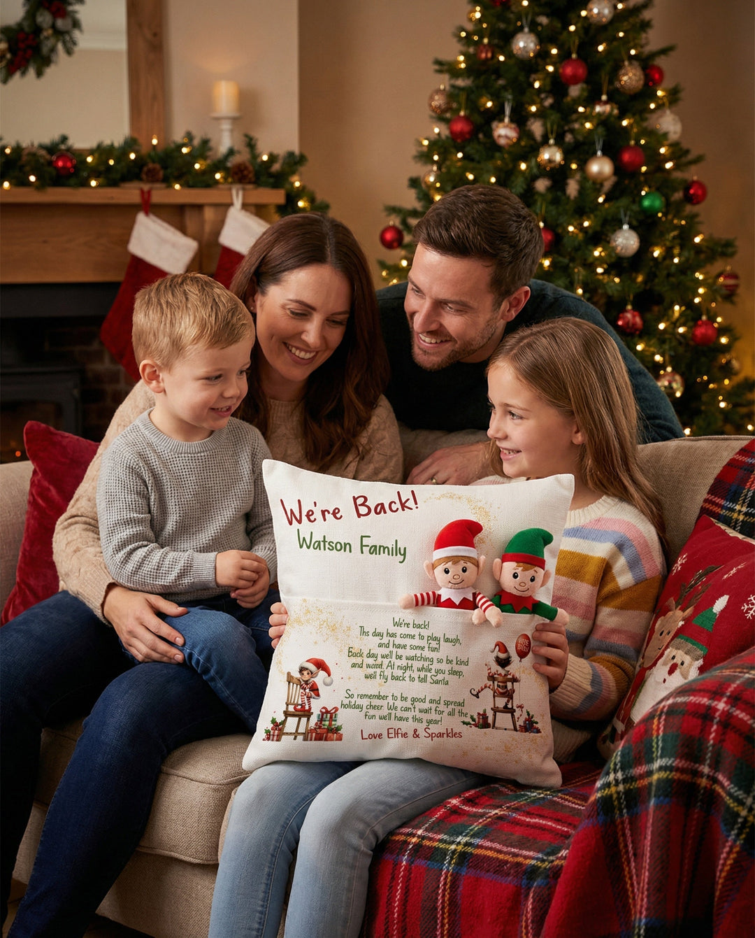 Personalised “We’re Back” Christmas Pillow with front elf pocket and rustic linen-style fabric