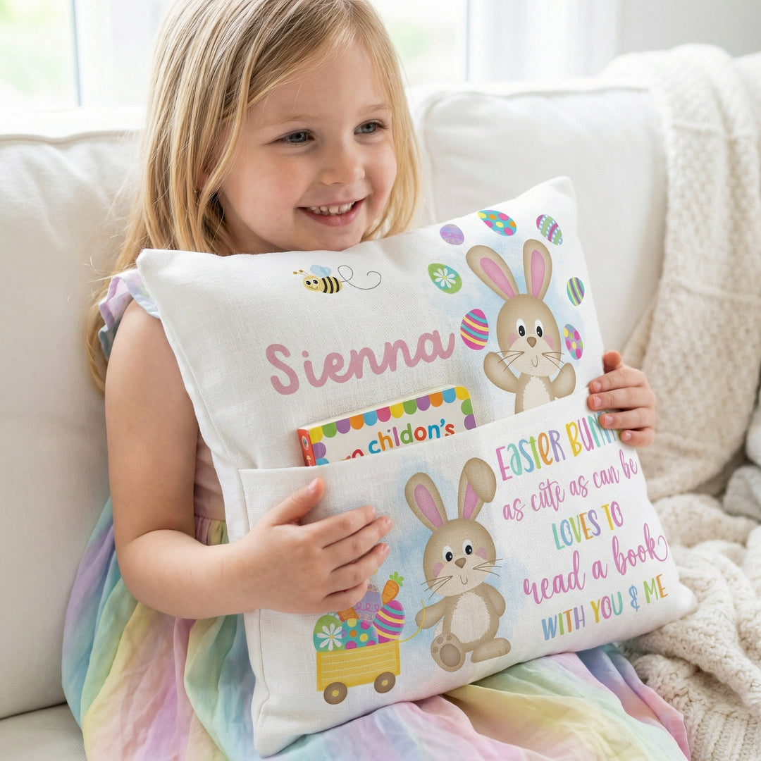 Personalised Pink Easter Pocket Book Cushion with bunny and name pocket for kids&